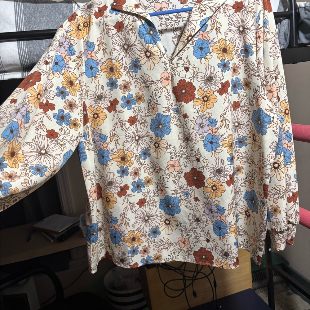 Floral Women's Top - Cream, Blue, Brown